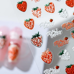 5D embossed strawberry nail art stickers with 3D red and white fruit patterns