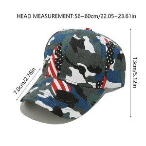 Detailed size specifications for US flag camo baseball cap with adjustable strap