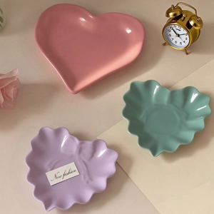 Ceramic heart trinket tray set in macaron pink, mint green and lavender purple
