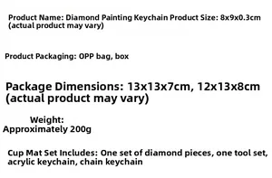 Detail list of DIY diamond painting slipper keychain kit with tools and acrylic pieces
