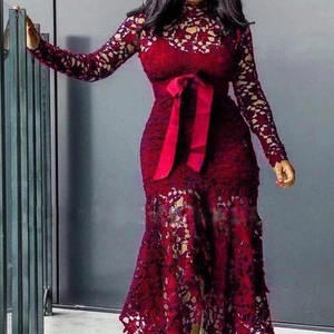 Lace long sleeve high neck irregular dress in wine red with waist bow decoration