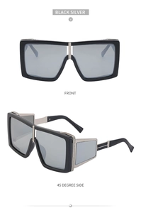 Front and side view of steampunk square sunglasses in black with silver metal accents
