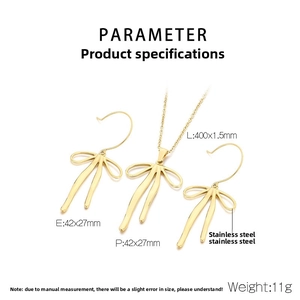Detailed size specifications for gold stainless steel bow necklace and earring set