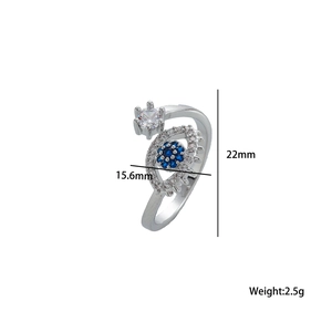 Silver evil eye ring with blue and clear zircons, including dimensions and weight detail