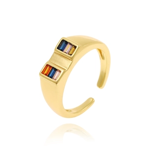 Adjustable gold ring for women with colorful rectangular cubic zirconia stones on white back
