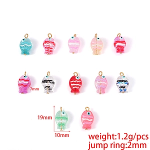Set of 12 colorful handmade lampwork glass fish pendants with golden loops for DIY jewelry