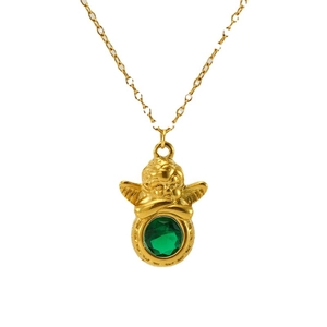 Vintage golden cupid angel pendant necklace with a large round emerald green gemstone
