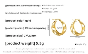 Détail des boucles d'oreilles étoiles en acier doré 18K avec dimensions précises