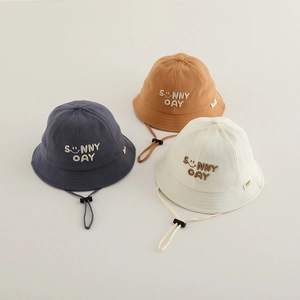 Three children's cotton bucket hats with sunny smile embroidery and adjustable windproof cords