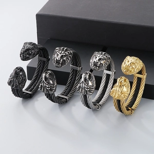 Bracelet Jonc Ouvert Tête De Lion Double Acier Inoxydable Câble Fil Manchette Pour Hommes Punk Rock Gothique Bijoux