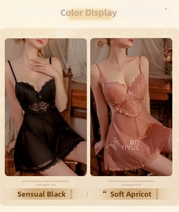 Detailed lace embroidery and sheer mesh splicing on a sexy lingerie slip dress