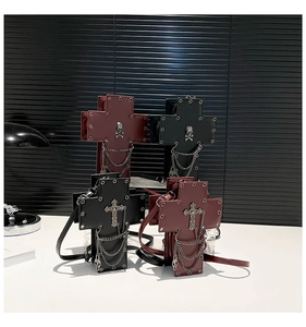 Gothic crossbody bags featuring stud rivets, metal chains, and skull cross pendants