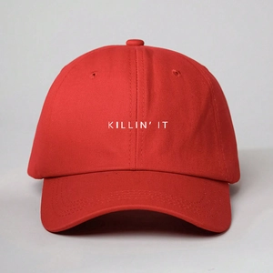Red cotton baseball cap with white KILLIN IT embroidery and adjustable six-panel design