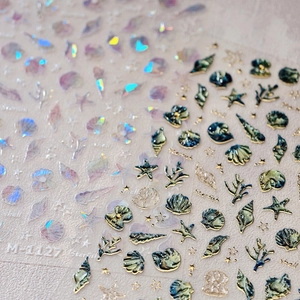 3D embossed ocean theme nail stickers with gold shell and starfish relief designs