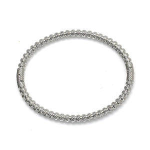 Polished stainless steel beaded bracelet with textured faceted silver beads on white background