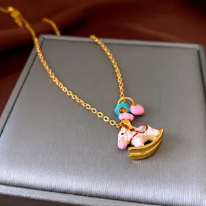 Cartoon carousel horse pendant necklace in gold with colorful enamel finish for women