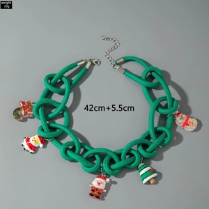 Christmas choker with green lace rope featuring Santa, Snowman, and Tree resin charms