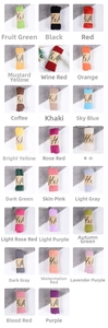 Grid display of assorted linen scarves in twenty-three vibrant colors with brand labels