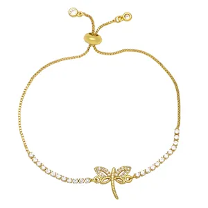 Adjustable gold butterfly bracelet with sparkling zircon stones and a sliding clasp