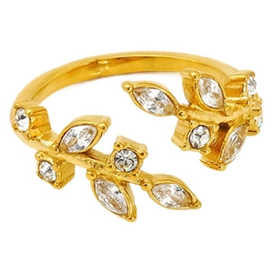 Elegant gold-tone leaf ring with sparkling zircon stones in an adjustable open design