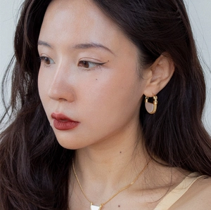 Detail of 18K gold-plated fan-shaped earrings and necklace set on a fashion model