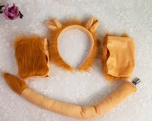 Detailed plush lion costume set with lion ear headband, furry gloves, and tail accessory