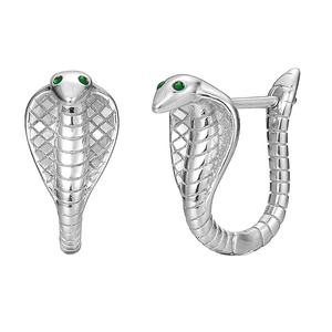 S925 sterling silver cobra snake hoop earrings with green gemstone eyes on white background