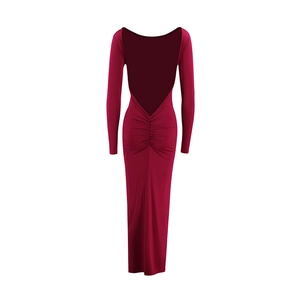 Detail of the back ruched design and low back cut on a long sleeve burgundy maxi dress