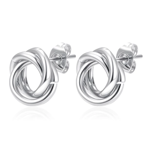Silver stainless steel twisted knot hoop earrings with a minimalist geometric design
