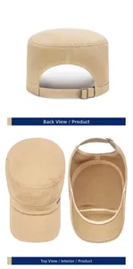 Detail view of khaki cotton flat top military cap showing back buckle and inner lining