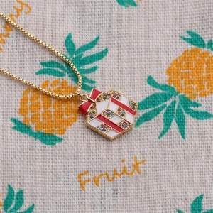 Christmas gift box pendant necklace with red enamel and colorful zircons on gold chain
