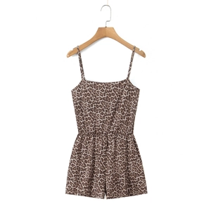 Women's leopard print spaghetti strap romper with elastic waist on white background