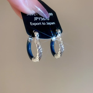 Detail of S925 silver twist earrings featuring deep blue enamel and silver-tone finish