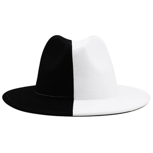 Detail of two-tone black and white wool felt fedora hat with a flat brim and firm texture