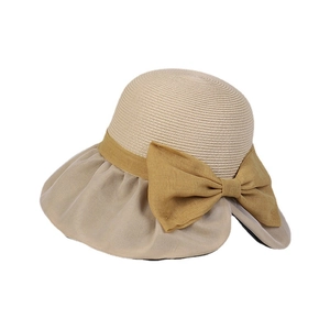 Elegante cappello da sole da donna a tesa larga con corona beige e fiocco giallo senape