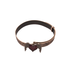 Vintage brown leather belt with embossed texture and red winged heart pendant
