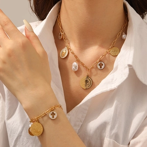 18K gold plated stainless steel necklace and bracelet set with baroque pearls and pendants