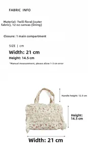 Diagramme détaillé du sac fourre-tout en toile avec dimensions et détails du tissu