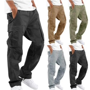 Men Cargo Pants Polyester Multi Pocket Drawstring Loose Fit Casual Outdoor Straight Leg Trousers Fashion