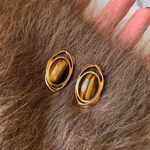 Orecchini A Lobo Ovali Vintage In Occhio Di Tigre Con Perno In Argento Sterling 925 Gioielli Retro Placcati Oro