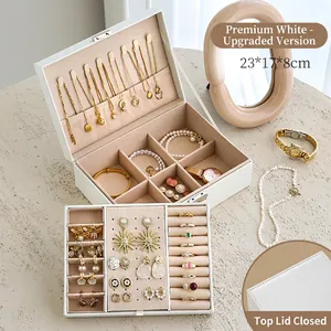 Dual-layer leather jewelry organizer box with large capacity and metal lock closure