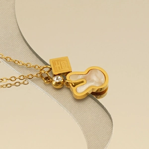 Golden rabbit necklace with mother-of-pearl charm and square lucky character pendant