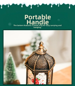 Detail of vintage Christmas lantern with water-filled LED light and snowman figurines