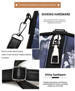 Close-up of polished silver hardware and leather strap on floral skull satchel bag