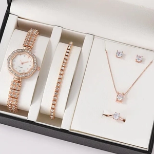 Set de 5 piezas reloj de cuarzo oro rosa con pulsera, collar, pendientes y anillo