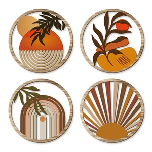 4er-Set runde Wanddeko aus Holz im Boho-Stil mit 3D-Sonne und abstrakten Blättern