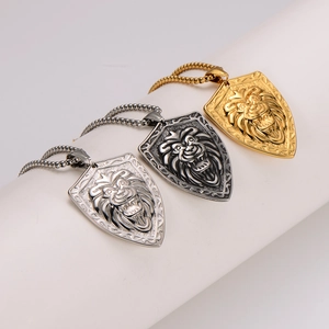 Hiphop lion head shield pendant necklaces in silver, dark grey and gold stainless steel