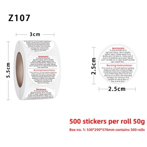 Macro shot of 2.5cm candle safety warning labels on a roll with clear English text