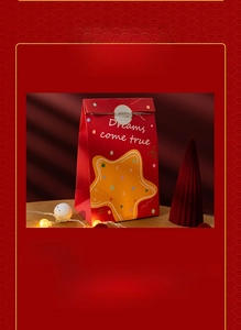 Detail of red Christmas gift paper bag with gold stars and Dreams Come True slogan