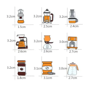 Size chart showing various coffee brewing tool enamel pins with precise dimensions